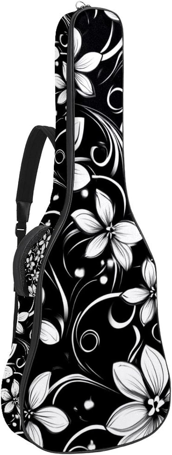 Acoustic Guitar Gig Bag 10mm Thick Padding, Soft Waterproof Guitar Case with Adjustable Backpack Straps for 40-42 Inch Guitar, Abstract Black & White Flowers