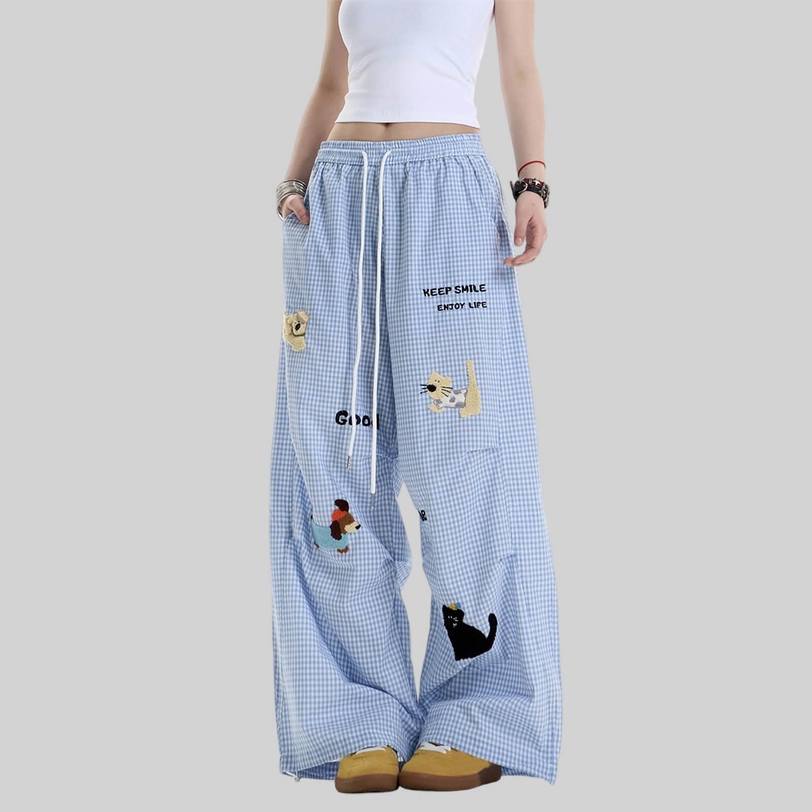 Damen-Freizeithose, lockere Passform, Karomuster, weites Bein, elastisch, hohe Taille, gerade Hose mit Taschen, volle Länge, Sommer, Freizeithose, süße Neuheit 2026, Palazzo-Hose für Damen