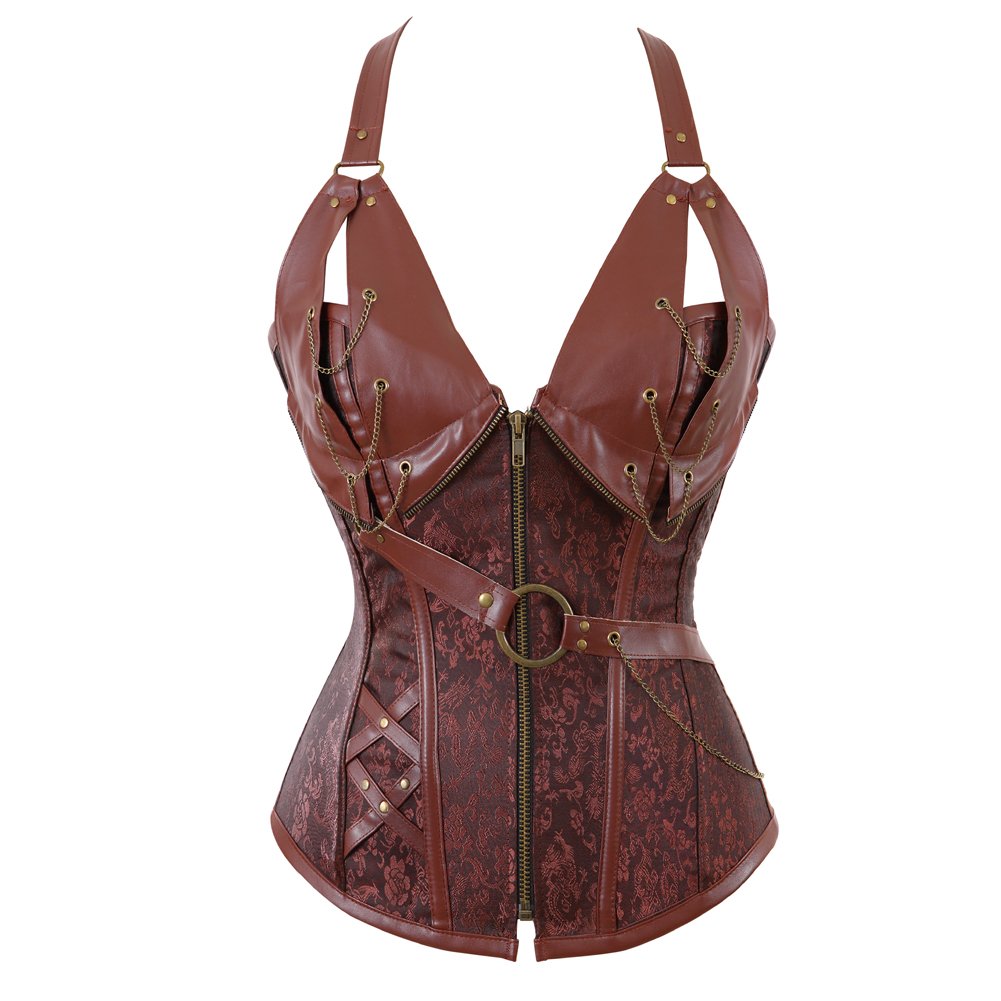 Grebrafan Corset Steampunk Femme Cuir et Jupe Pirate | Déguisement Médiéval Adulte Corset Femme