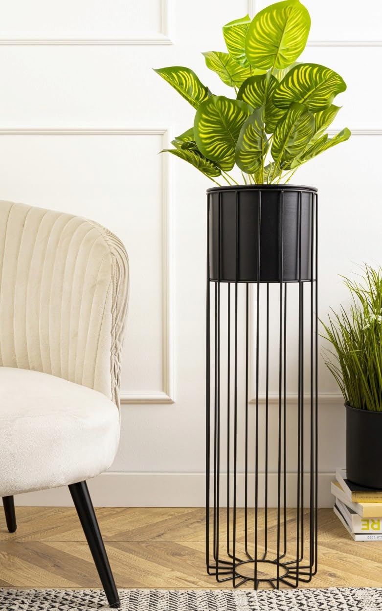 Moderne Blumenständer Metall 70 cm Hoch mit Schwarz Blumentopf Rund 19 cm Ø auf Robuste Ständer - Pflanzenständer zur Dekoration Innenräumen