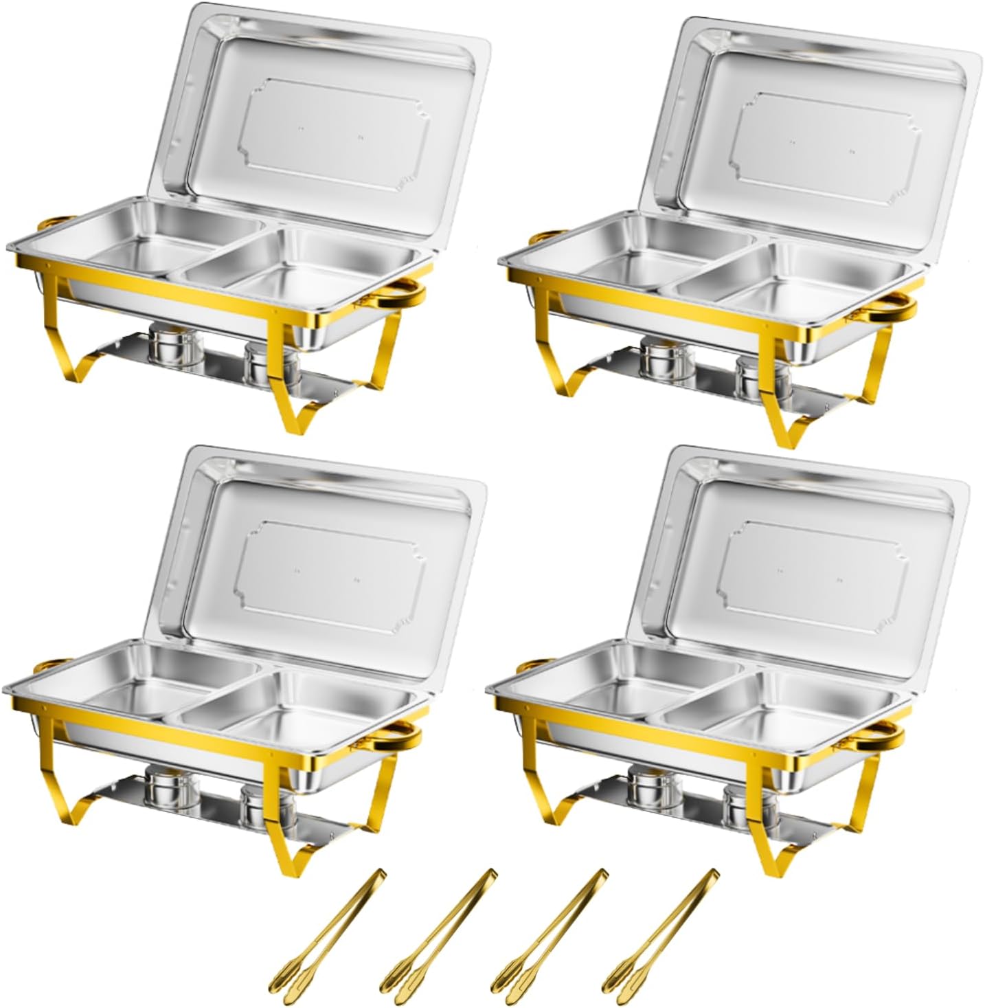 gold chafing dishes for buffet set of 4, 9.5qt chafing dish buffet set, stainless steel chafers and buffet warmers set, food warmers for parties buffet, party food warmer buffet set with tongs 4 pack-half