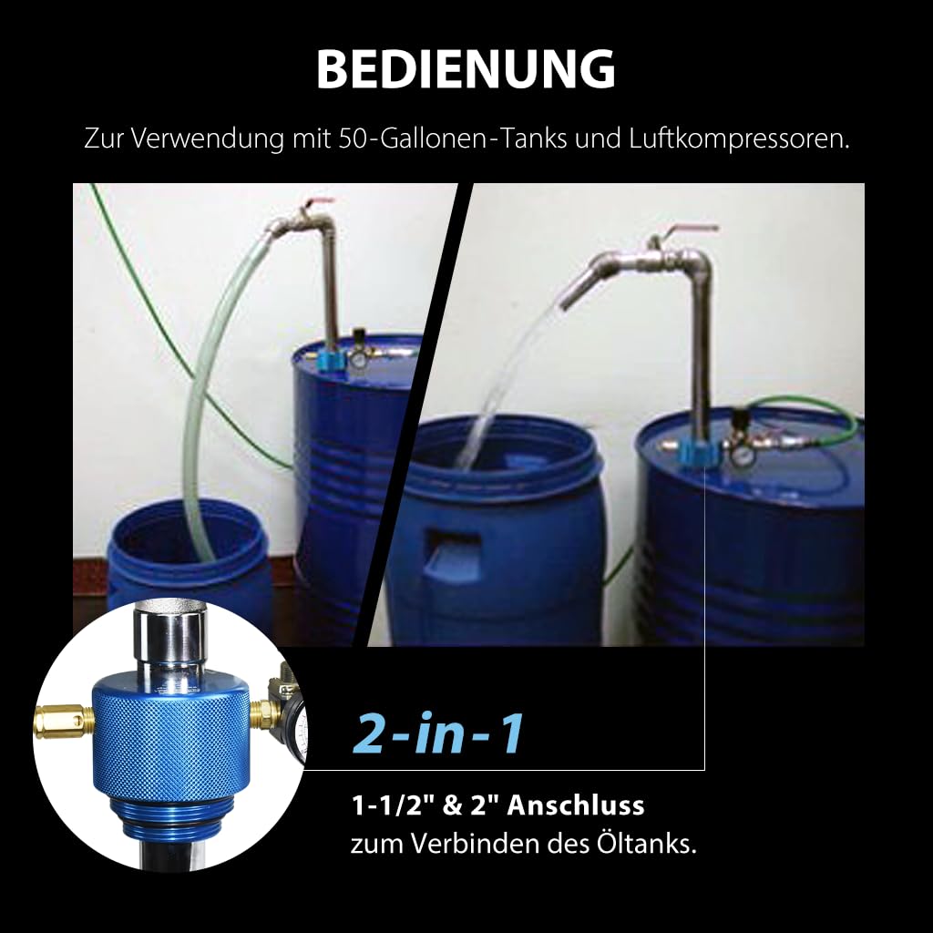 FIRSTINFO Pneumatische Fasspumpe 200L, 1:1 Pumpe für Öl und Kraftstoff, Flüssigkeitsspender für Offene Behälter, Geeignet für Motoröl und Diesel, A1183EU