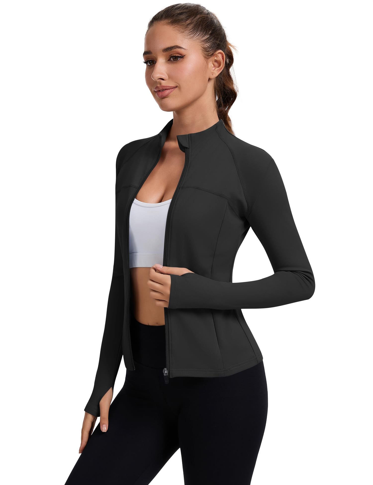 Chaqueta deportiva para mujer, chaqueta de manga larga, deportiva, camiseta de gimnasio, yoga, fitness, parte superior, ligera, con orificio para el pulgar y bolsillos