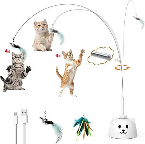 Juguetes interactivos para gatos de interior varita de plumas de pájaro volador giratorio automático de 360 con varilla protegida de silicona,