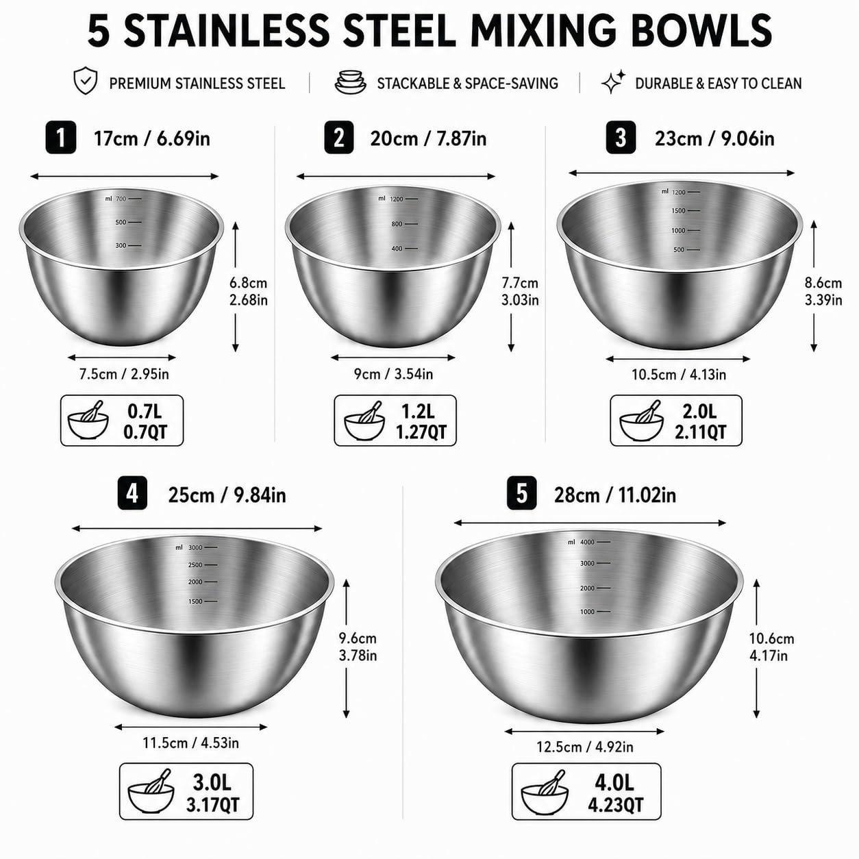 DDUP Set di 5 ciotole in acciaio inox con base piatta, da 28 cm a 17 cm, antiruggine e lavabili in lavastoviglie, ciotole da cucina per insalata, cucina, cottura