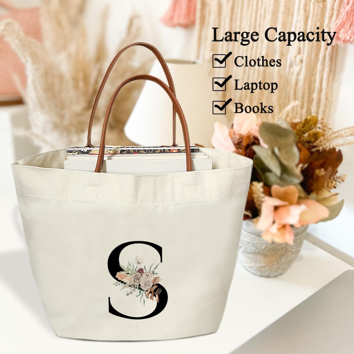 Boho Monogram Initial S Tote Bags for Women, Personalized Canvas Tote Bags Monogrammed Gifts for Women Birthday Wedding Gifts for Mom Sister Teacher Friend Bridesmaid, Beach Bag Shopping Handbag -ZM18 - Image 5