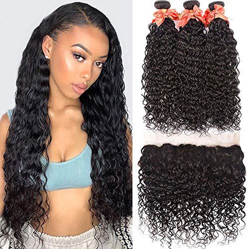Water Wave Bundles With Frontal Brazilian Wet and Wavy Bundles With 13X4 Free Part Lace Frontal Ear to Ear Lace Frontal with Bundles Virgin Hair Weave Bundles with Frontal Natural Color (22 24 26+20)