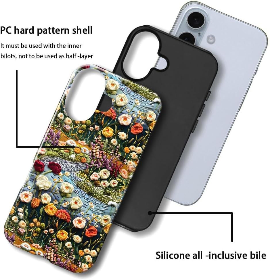 Compatible with iPhone 16,Anti-Scratch Glossy Case Cover,Embroidered Flower Floral - Image 2