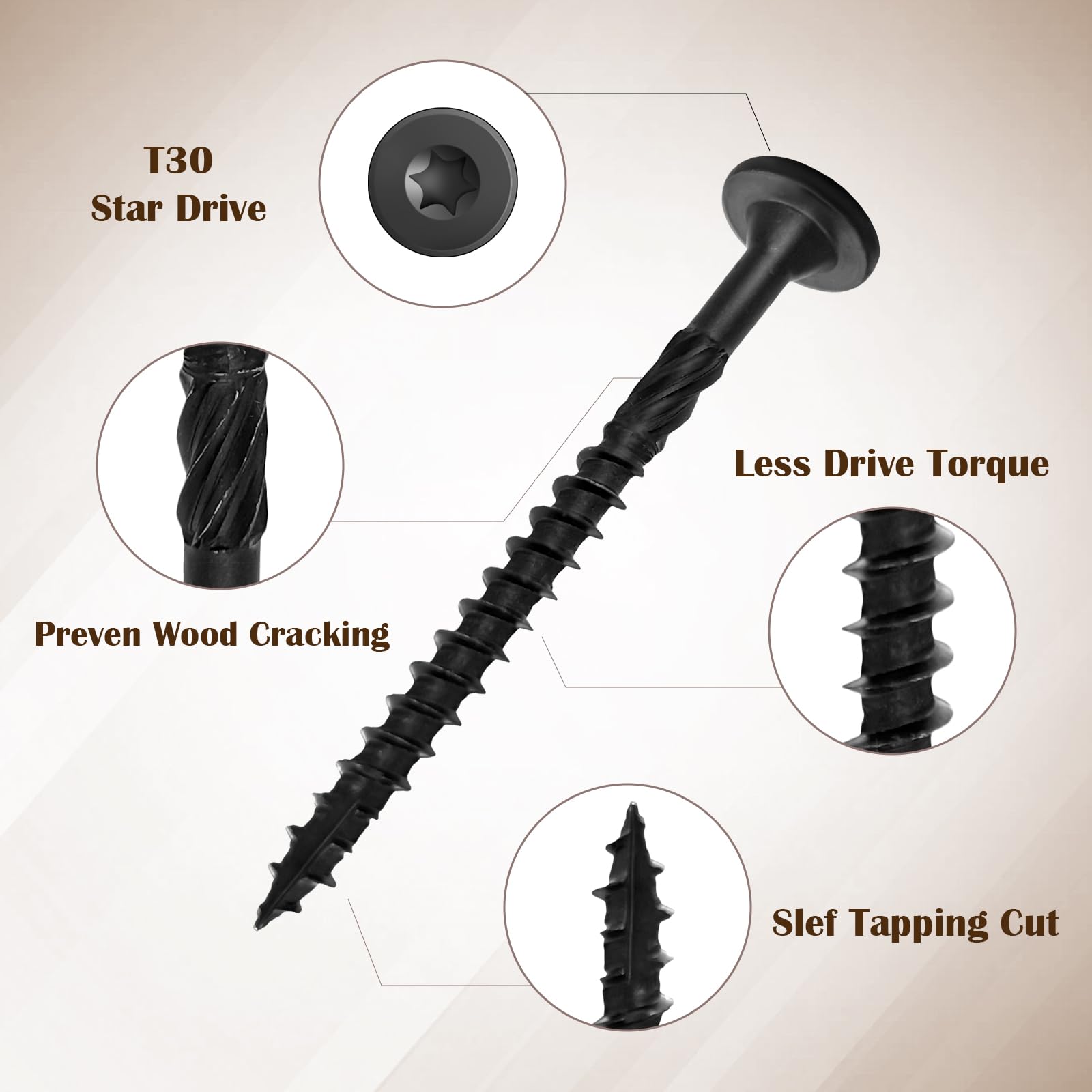 Tornillos de madera estructural de 4-1/2 pulgadas, 150 tornillos de cubierta resistentes, resistentes a la corrosión, tornillos exteriores para madera/retraso/madera con revestimiento negro, punta de