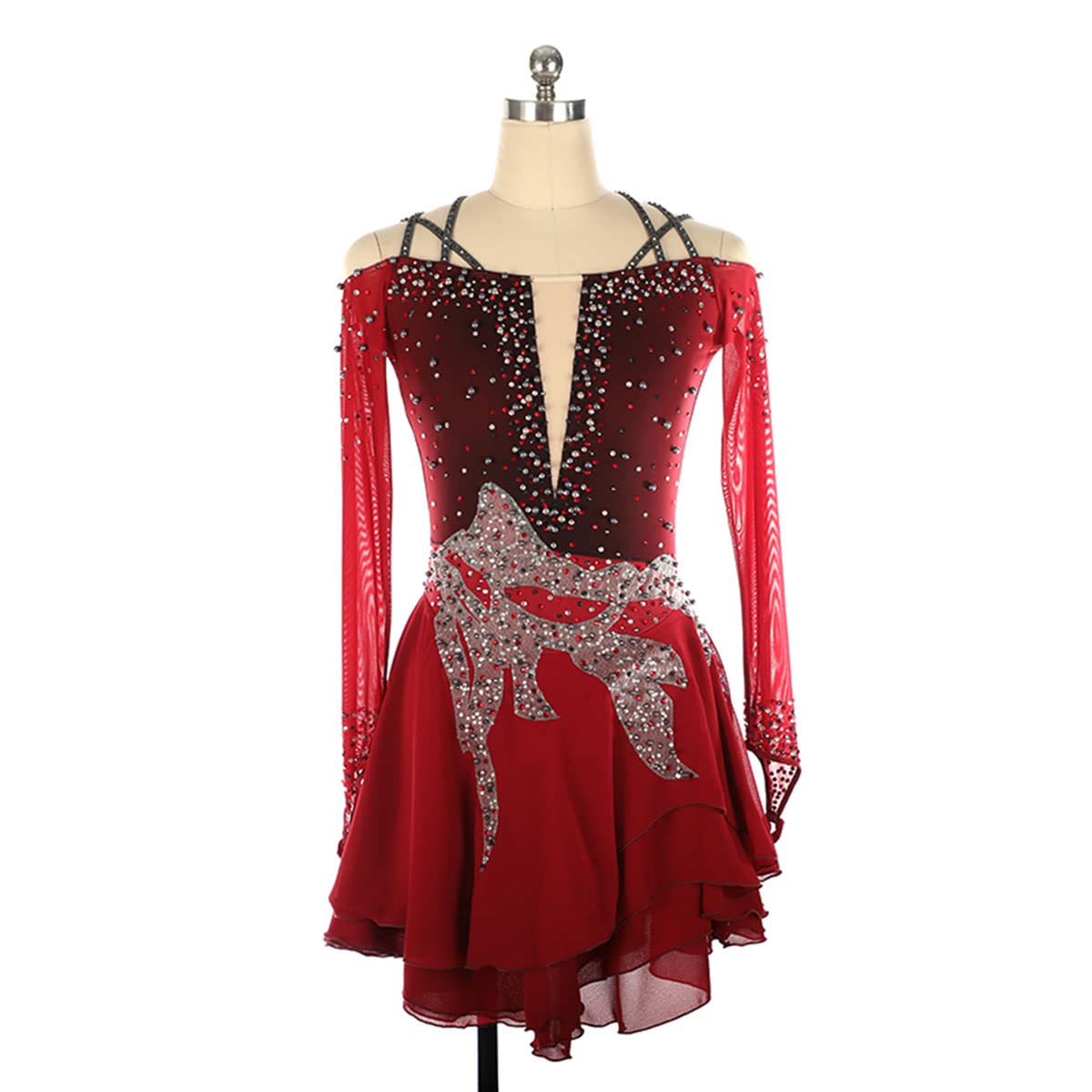 Donne Pattinaggio sul Ghiaccio Tuta da Gara Sport Invernali Figura Pattinaggio Dress Ladies Ice Skate Dance Costume Maniche Lunghe Strass Ginnastica Body