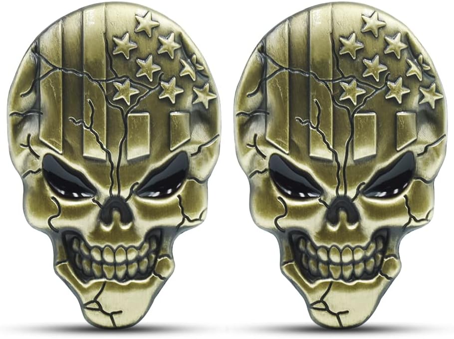 NAWPHEKI 2Pack 3D Skull Emblems Strong Adhesive Metal USA