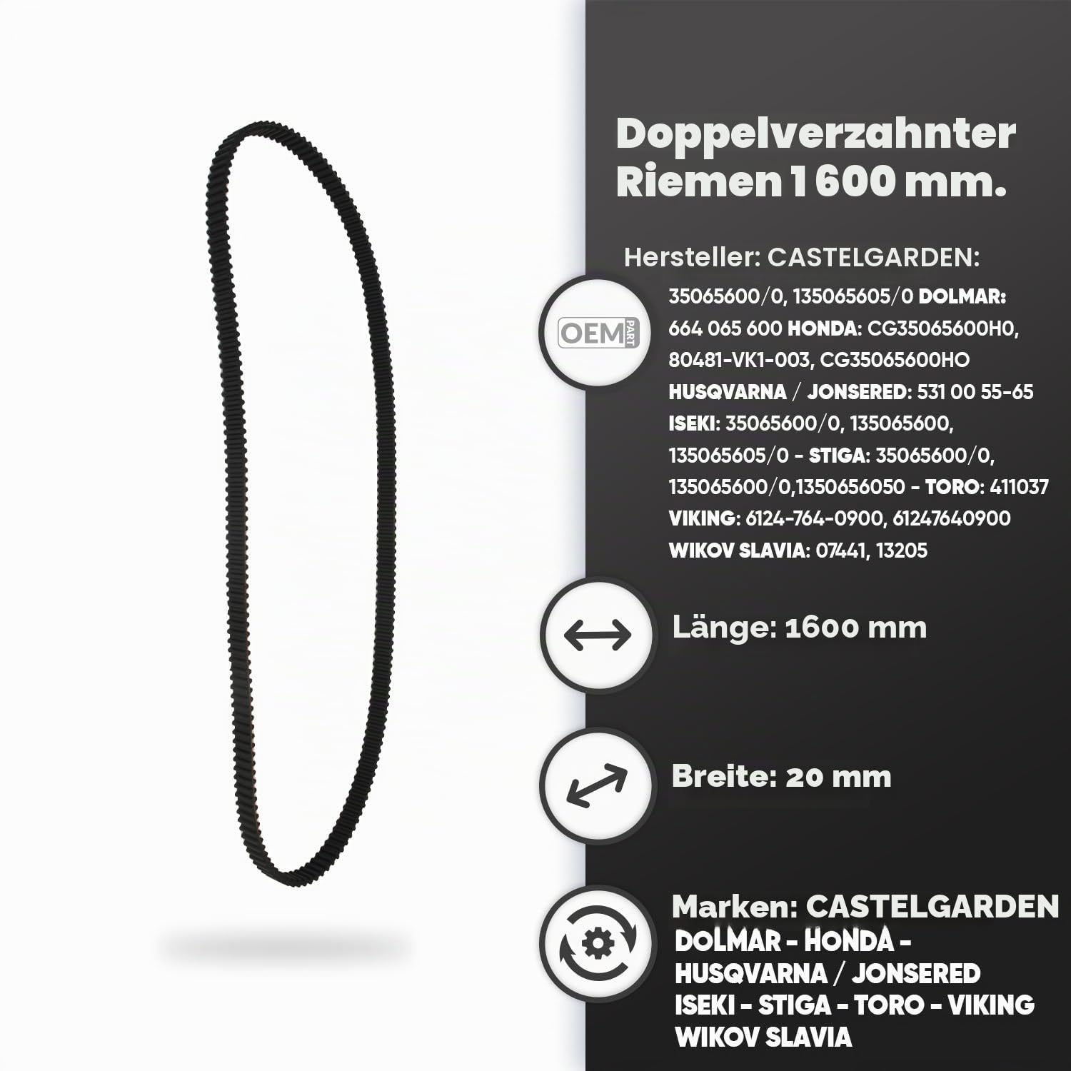 GREENSTAR - Keilriemen mit Doppelverzahnung – L 1600 mm, B 20 mm – robust und langlebig – ersetzt Originalteil Castelgarden, Dolmar, Honda, Husqvarna/Jonsered, STIGA, TORO, VIKING, WIKOV SLAVIA
