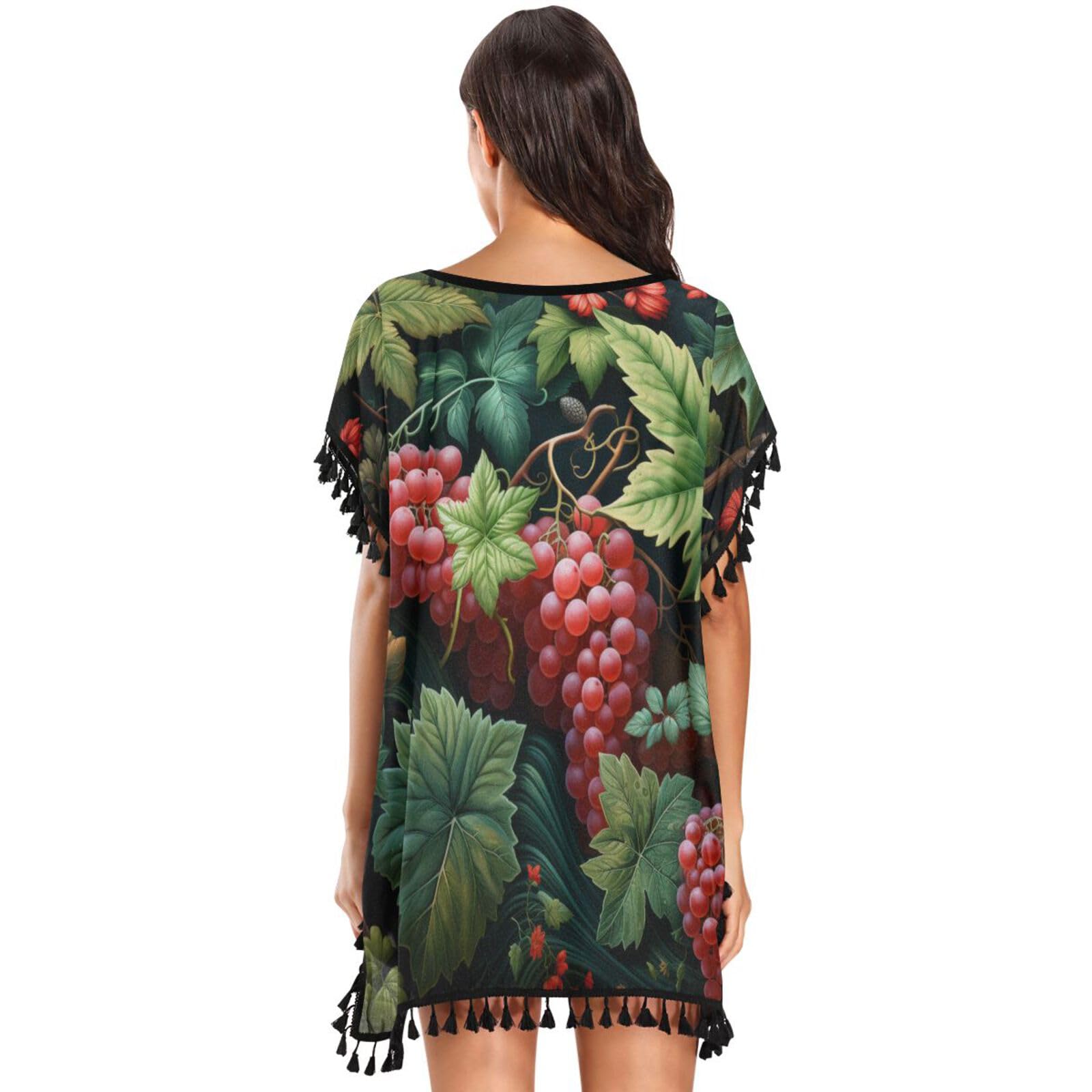 KAAVIYO Repeating Pattern Grape Women's Beach Cover Up Chiffon Tassel Swimwear Swimsuit Coverups for Girl