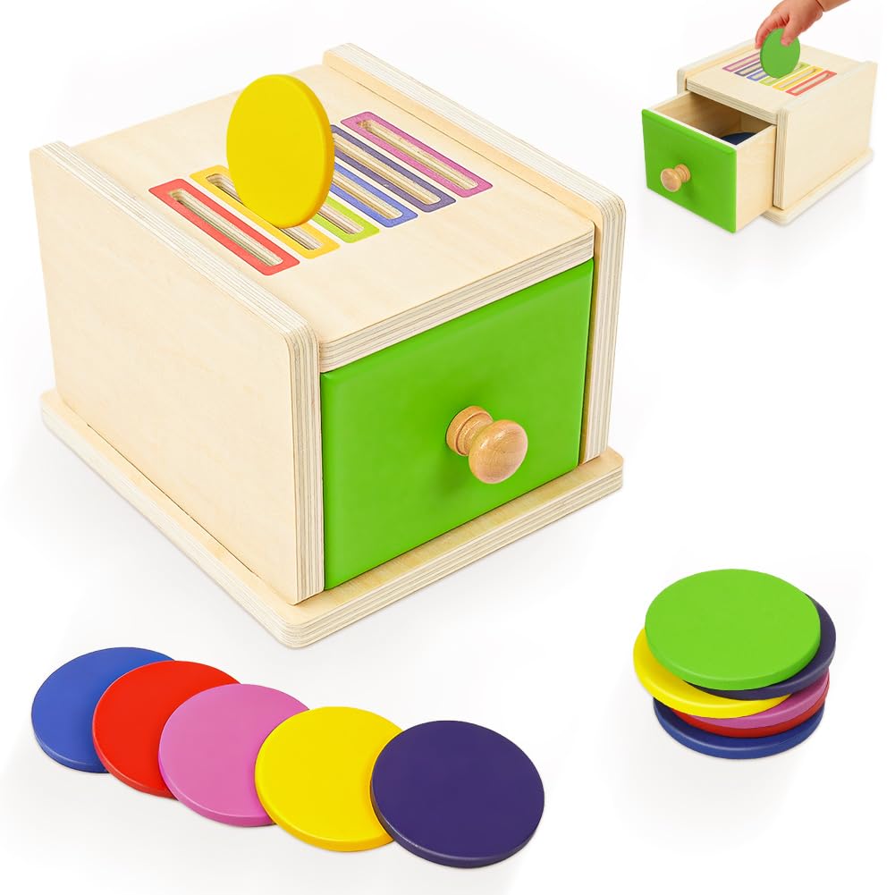 Ainiv Montessori Coin Box, Toddlers Wooden Toys Color Sorting, Object Permanence Box, Montessori Toys for 1+ Year Old, Developmental Toys for Girls Boys Baby Toddler Toys, Learning Kids Gifts