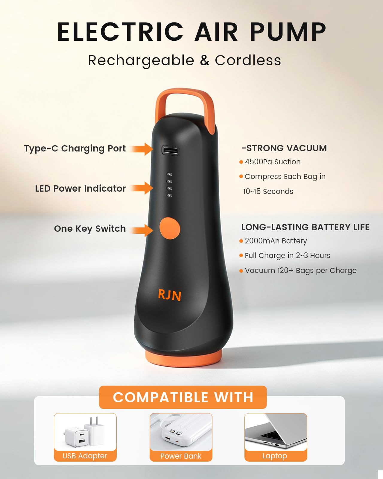 RJN Sacchetti sottovuoto con pompa ad aria wireless ricaricabile, sacchetti di imballaggio a compressione per viaggi, sacchetti sottovuoto salvaspazio per abbigliamento, coperte, trapunte, cuscini