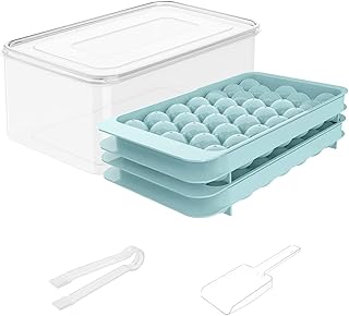 PUPPYCUTE Round Ice Cube Tray 2pcs Set, Ice Trays for Freezer, Ice Tray with Lid and Bin, Ice Cube Trays Making 53 x 1.0IN Ice Balls, Ice Cube Trays (Blue)