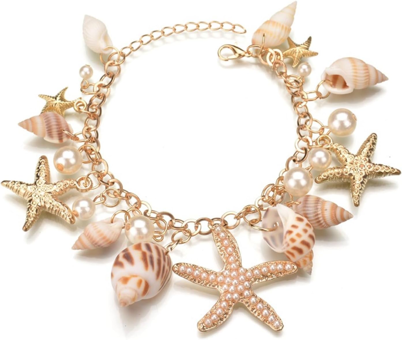 Fashion Sea Shell Starfish Bracelets, Pearl Charm Bracelets, Golden Shell Beads Bracelets, Mermaid Costume Jewelry for Halloween Women