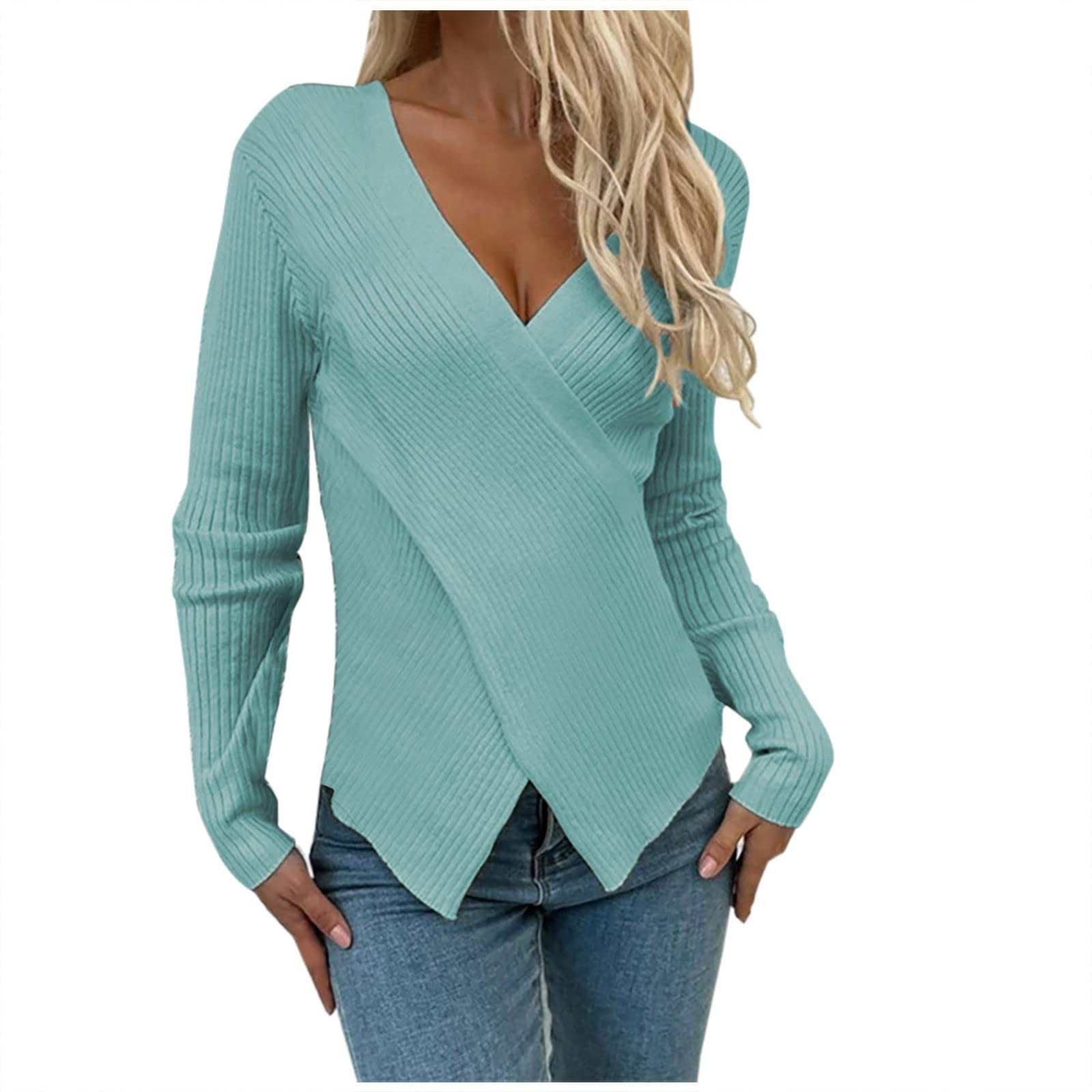 Women Sexy V-Neck Wrap Sweater Knit Top Slim Fit Pullover Long Sleeve Soft Breathable Fabric Sweaters 2025 Fall