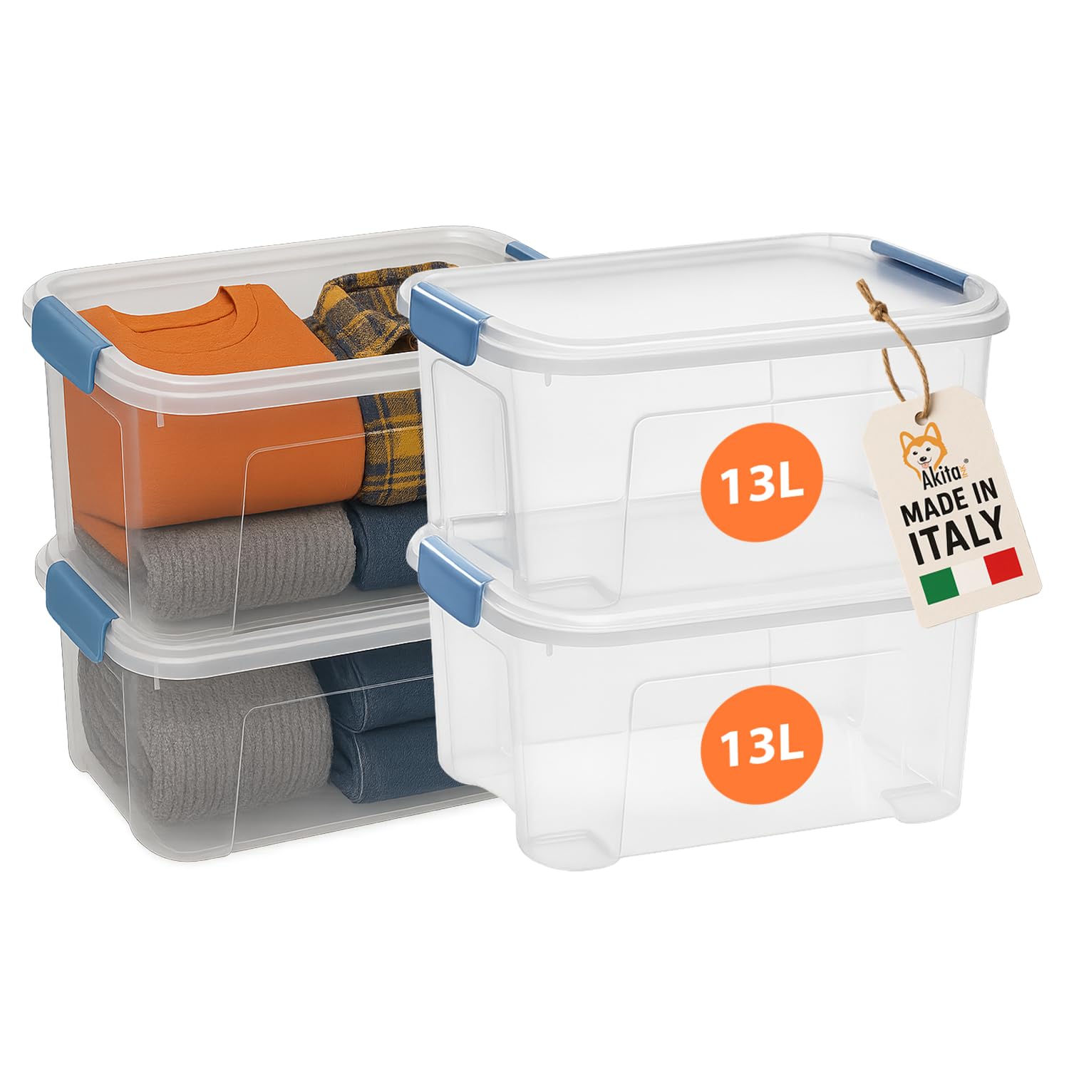 AKITAInk Set 4 Contenitori 13L Plastica Trasparenti con Clip di Bloccaggio – Scatole Salvaspazio 38.9x27.7x19.5 cm Impilabili per Casa, Ufficio, Armadi e Ripostigli