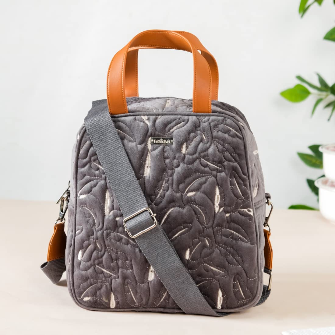 Nestasia Velvet Insulated Lunch Bag for Office Women & Men | Quilted & Embroidered Design with Adaptable Shoulder Strap | Fits 1 Litre Bottle | Grey