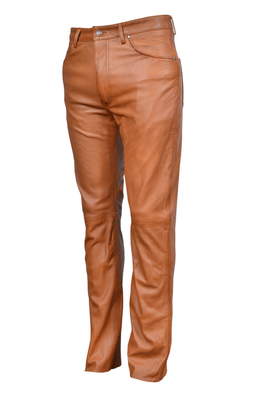 Real Leather Men's Tan 501 Real Genuine Nappa Premium Leather Motorcycle Biker Jeans Trouser (30")