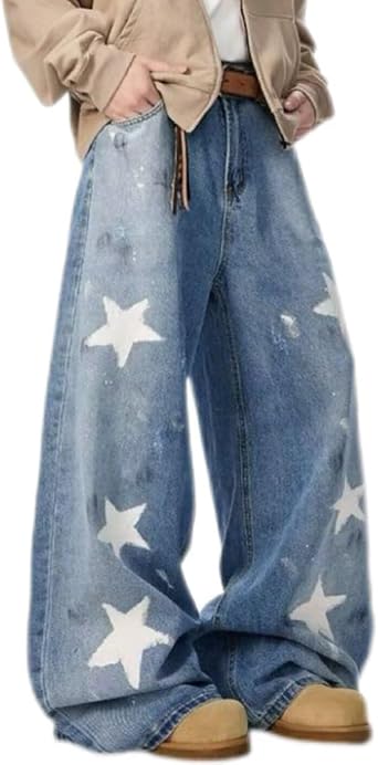 Y2k Star Jeans Men Graphic Baggy Jeans Emo Star Pants Grunge Patchwork Pants Streetwear Vintage Blue