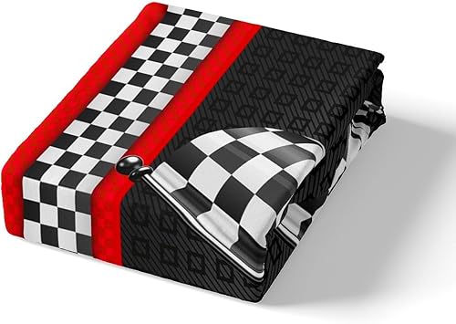Miniatura 5 de Juego de ropa de cama con temática de autos de carreras tamaño Queen, juego de funda de edredón con bandera a cuadros en blanco y negro para niños y