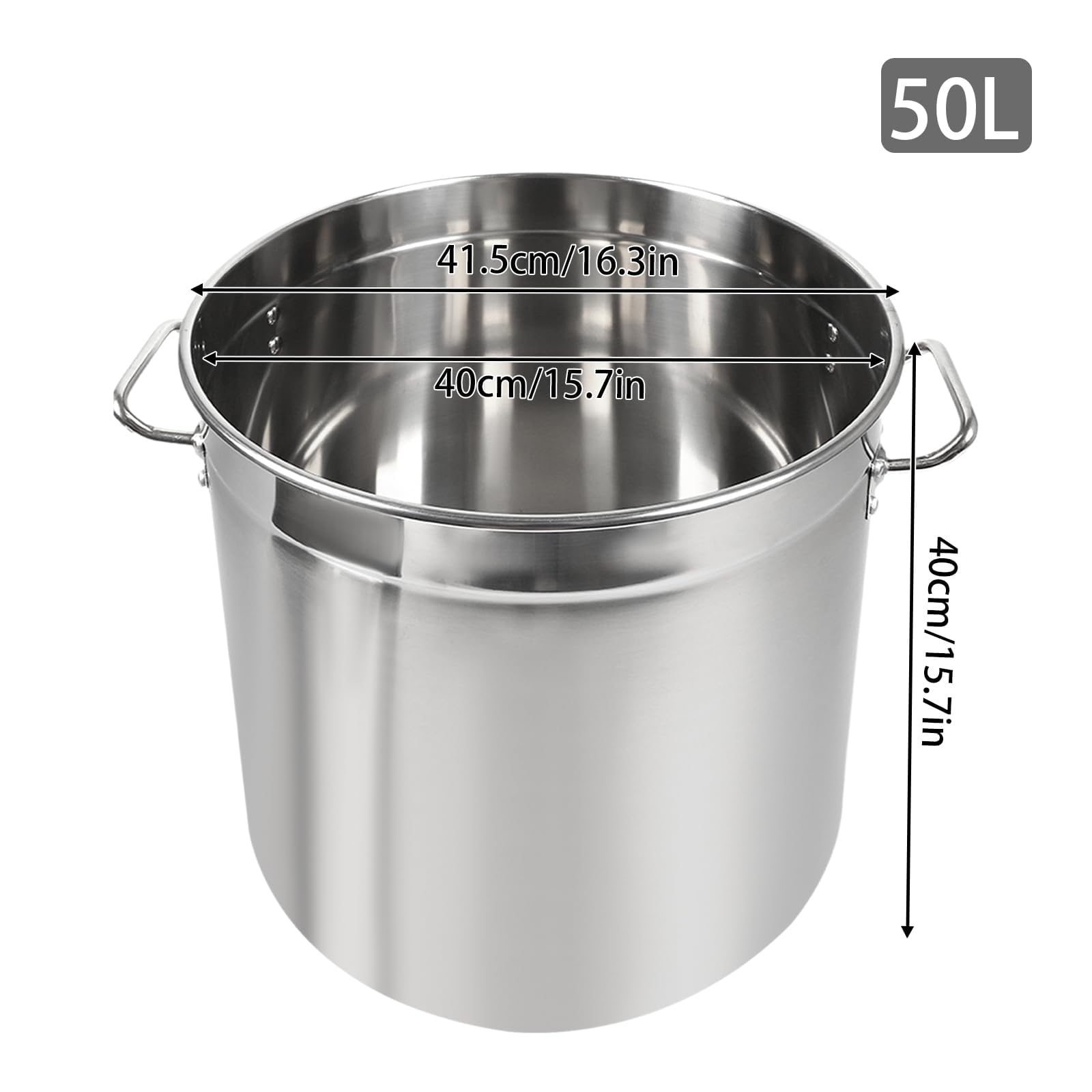 Olla de Acero Inoxidable de 50 L Con Tapa - Sopa de Gran Capacidad, Cacerola de Camping, para Pasta, Universal, 40 cm