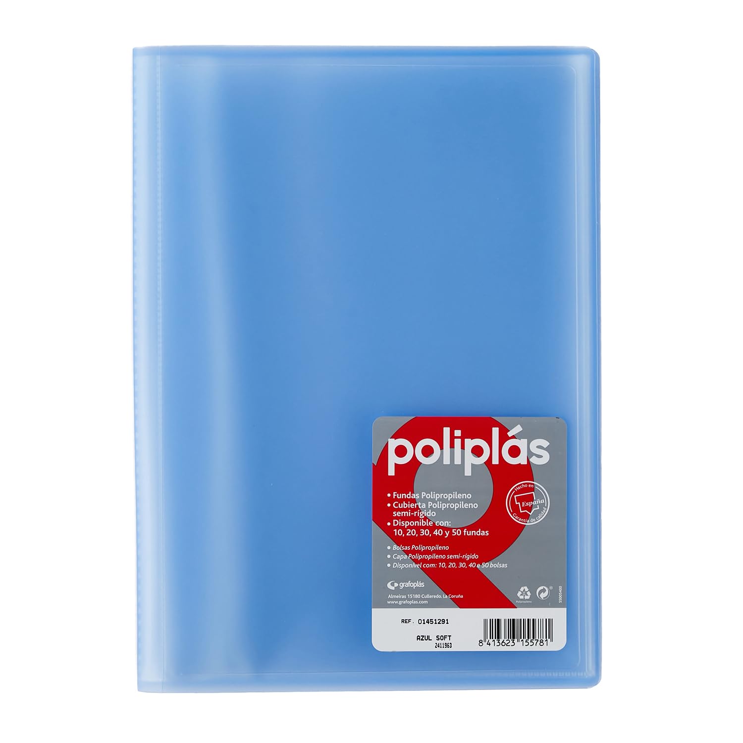 Grafoplas I Folder with Plastic Sleeves I 40 Transparent Sleeves I Size DIN A4 Blue Soft I Series Poliplas Translucent I Made in Spain I Large Storage Capacity
