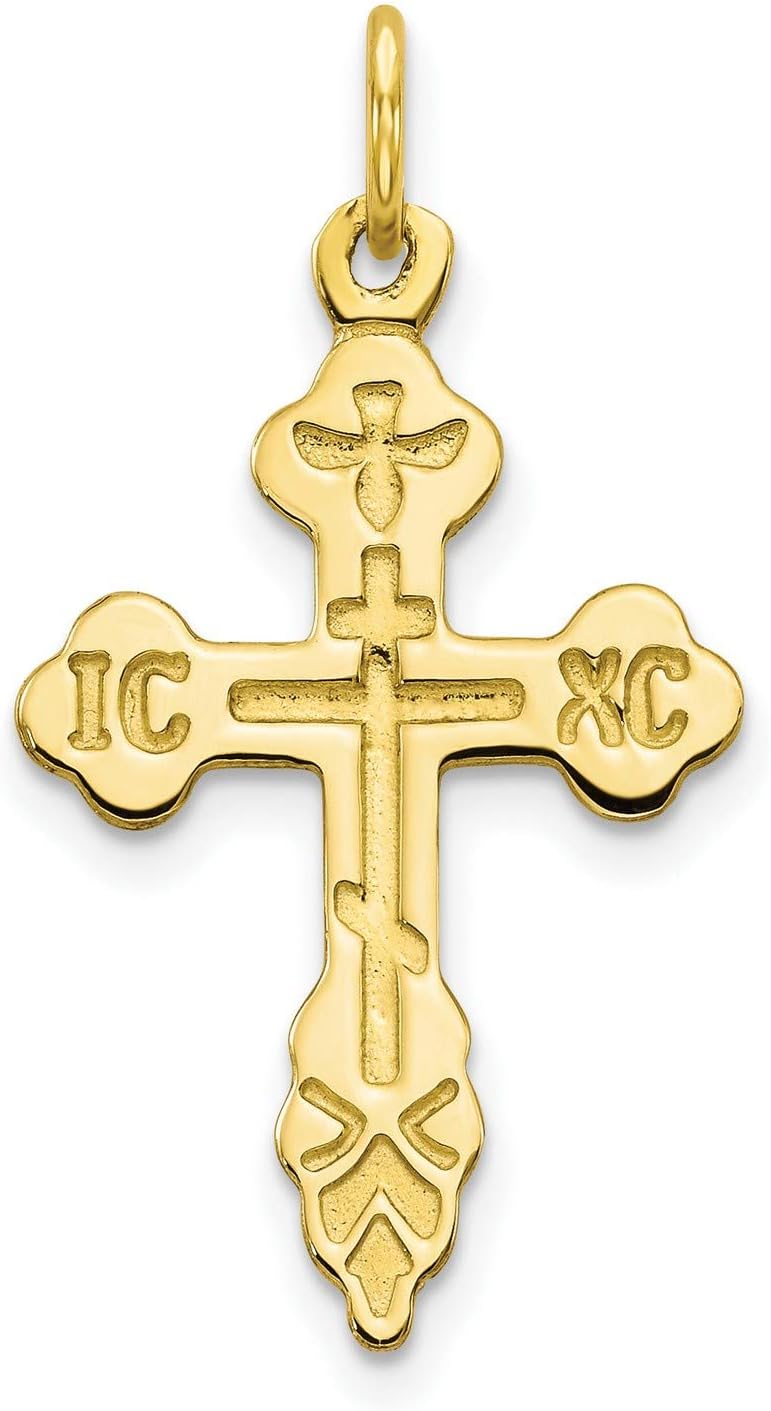 10k Yellow Gold Orthodox Cross Pendant Necklace, Budded Cross with IC XC Letters and Dove, 30 x 17 mm, Russian and Greek Orthodox Religious Jewelry for Women and Men