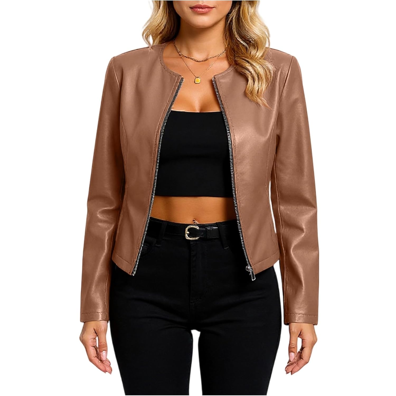 Cropped Leather Jacket Women Zip Up Moto Biker Jacket Long Sleeve Motorcycle Faux Suede Bomber Jackets Short Coat