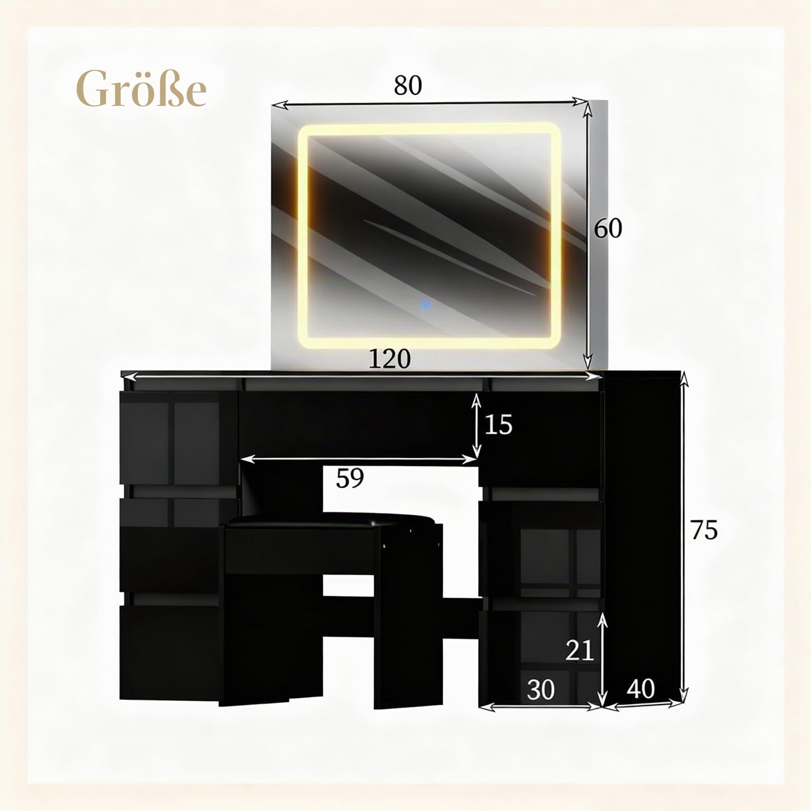 Mode Hochglanz Schminktisch mit Spiegel und Hocker, Frisiertisch mit LED Beleuchtung Licht, Damen und Mädchen 7 Schubladen Make-up Tisch Für Schlafzimmer, Kosmetikzimmer (Schwarz)