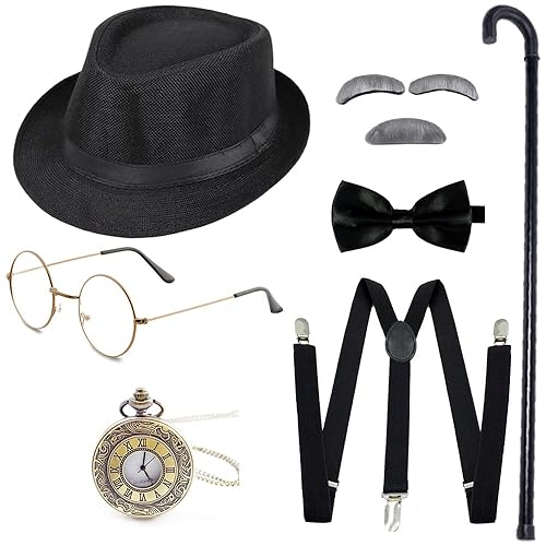 Gionforsy 1920s Mens Gatsby Gangster Costume Accessories Set Old Man Costume Grandpa Accessories Set - Black