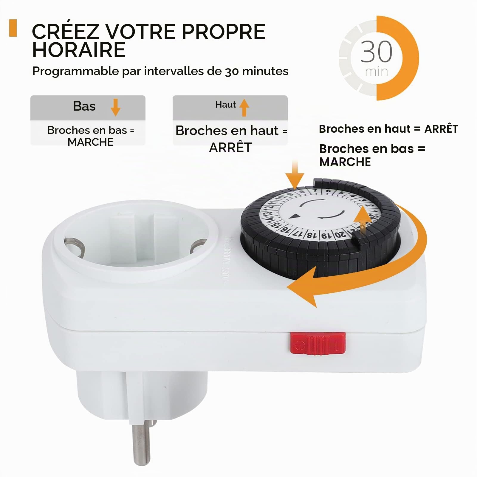 Prise minuterie mécanique G-Homa Lot de 2 Programme 24 Heures Prise minuterie intérieure analogique Cycle Marche/arrêt Quotidien pour Lampes Lampes