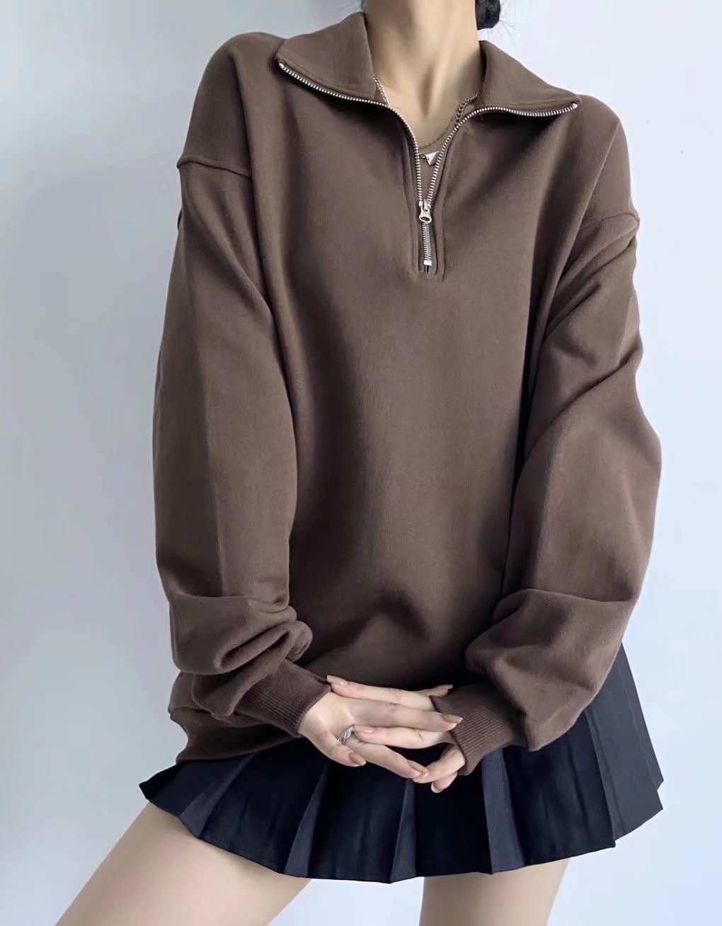 Hotmiss Womens Oversized Half Zip Pullover Long Sleeve Sweatshirt Quarter Zip Hoodie Sweater Teen Girls Fall Y2K Clothes Brown