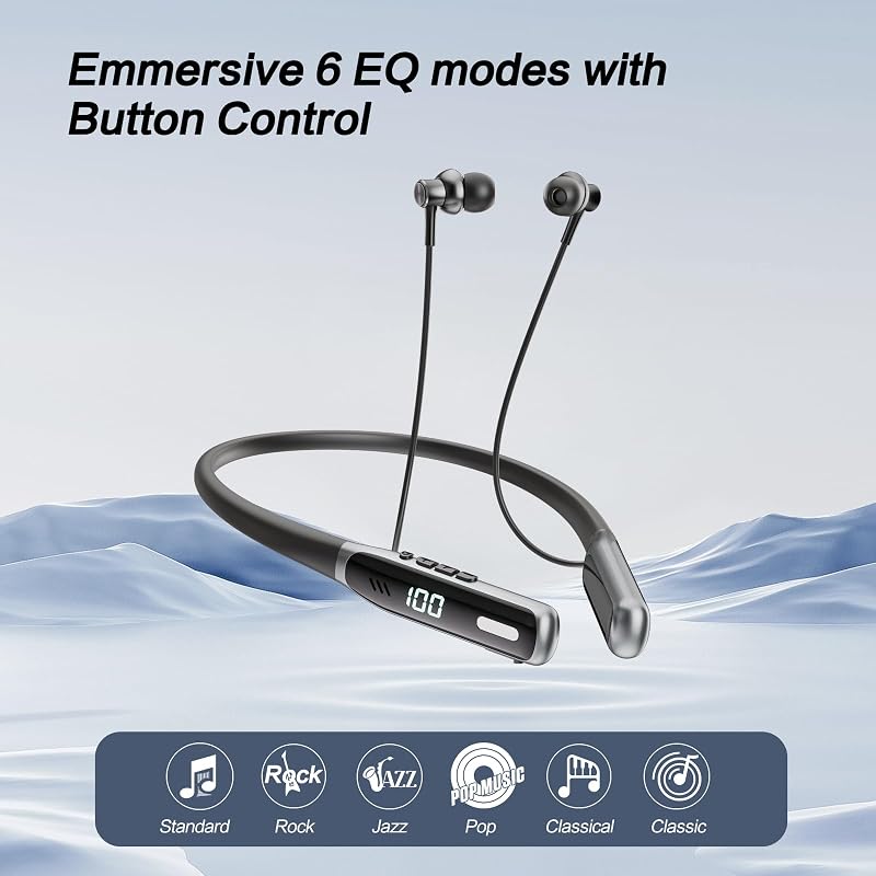 Wireless Neckband Earbuds, Bluetooth 5.4 Neckband Earbuds with Built-in Microphone, Lightweight, ENC Multi-Connect Neckband Sports Earphones with 80H Playtime, Black image 6