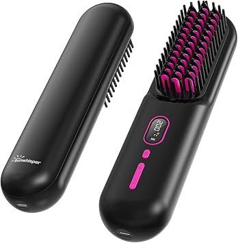 Cordless Hair Straightener Brush - 20 Million Anion Hair Straightener Brush for Women, Portable Straightening Brush for Travel, LCD Display, 2 Hair Clips, Black
