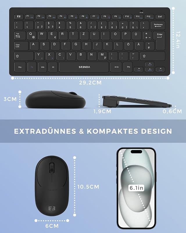 seenda Vezeték Nélküli Mini Billentyűzet és Egér Szett - Kompakt, Hordozható, USB Vevővel, PC/Laptop/Smart TV Kompatibilis, QWERTZ Kiosztás,