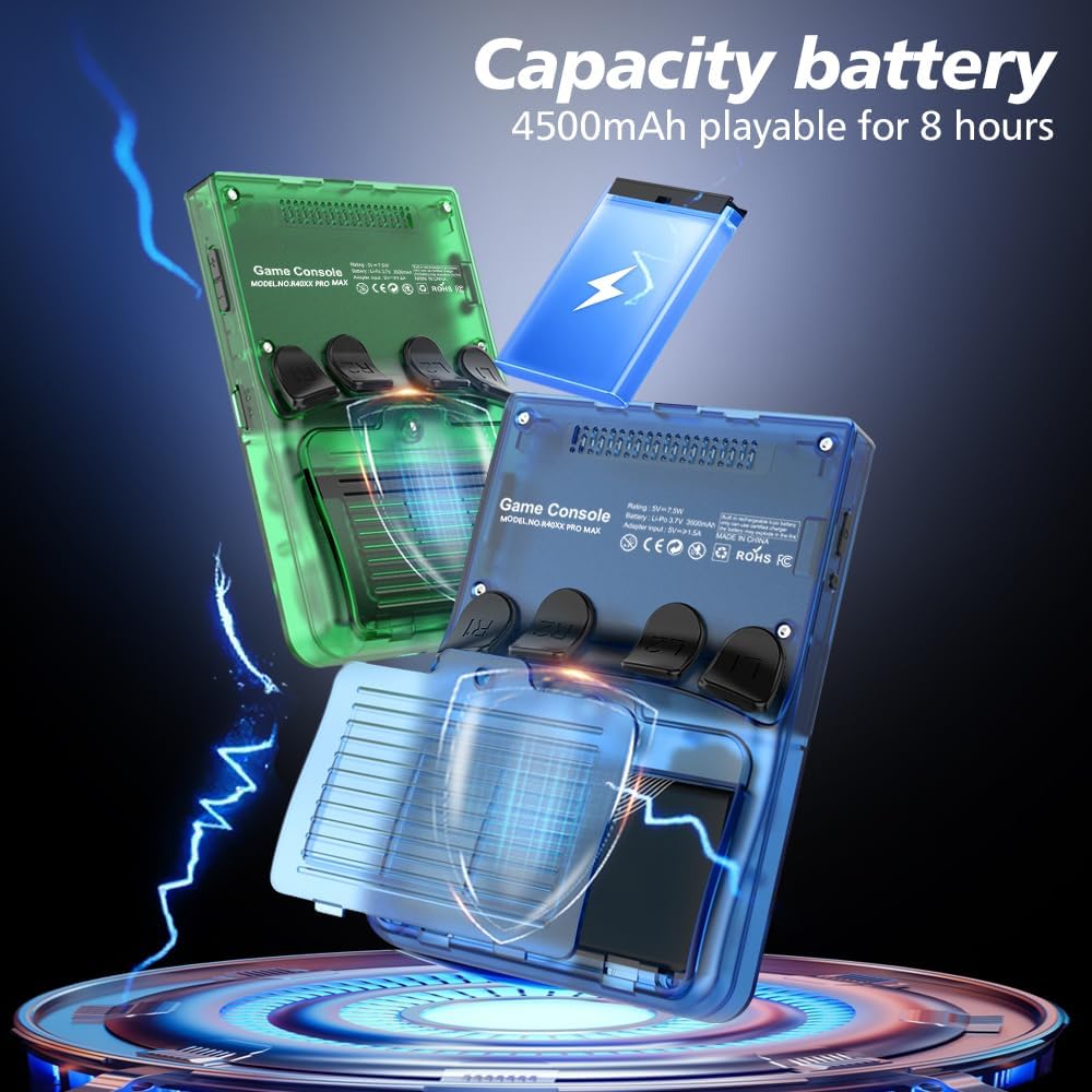 Illustration of the console's internal battery, highlighting its 4500mAh capacity for extended playtime.