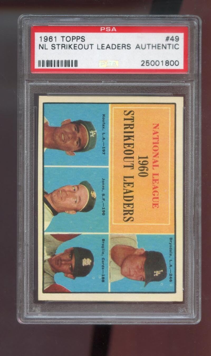 1961 Topps #49 NL Strikeout Leaders Sandy Koufax Don Drysdale Jones Ernie Broglio PSA AUTHENTIC Graded Baseball Card MLB N.L.