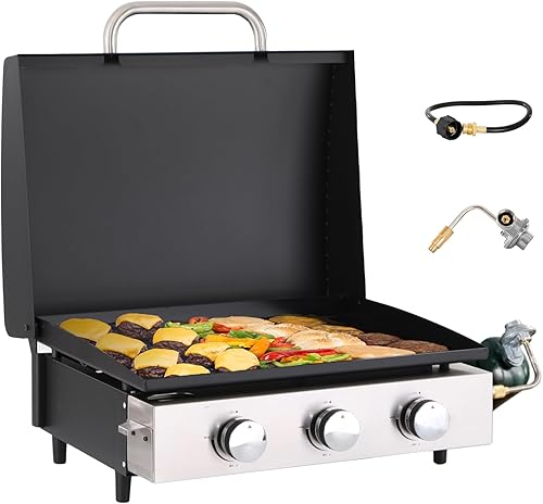GREEN PARTY Plancha de mesa de 22 pulgadas con placa de hierro fundido recubierta de cerámica, plancha plana de 3 quemadores, parrilla portátil de