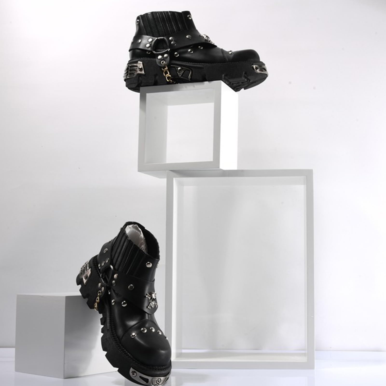 Stivali Da Motociclista A Metà Polpaccio In Vera Pelle Da Uomo, Stivali Da Cowboy Retrò Punk Metal Rock Da Donna, Scarpe Con Plateau