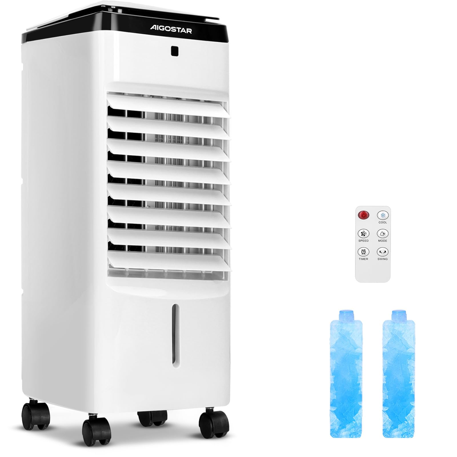 Aigostar Climatizador Evaporativo 4 en 1, con Mando a Distancia, 3 Modos y 3 Velocidades, Climatizador Portatil con Ventilador Humidificador Purificador, Temporizador 12 Horas, 3.5 L (1 Unidad)