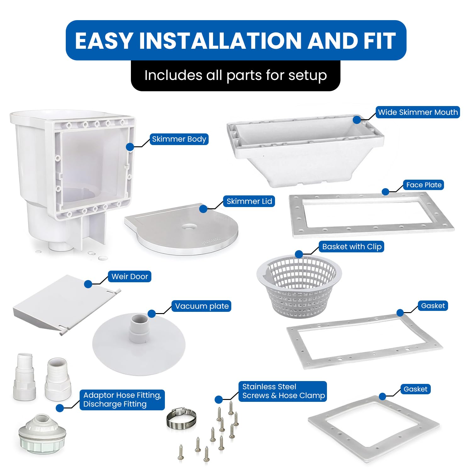 JED Pool Tools 45-430 Kit Complet d'accessoires et écumoire à Traverser Le Mur, Blanc, Large Ouverture