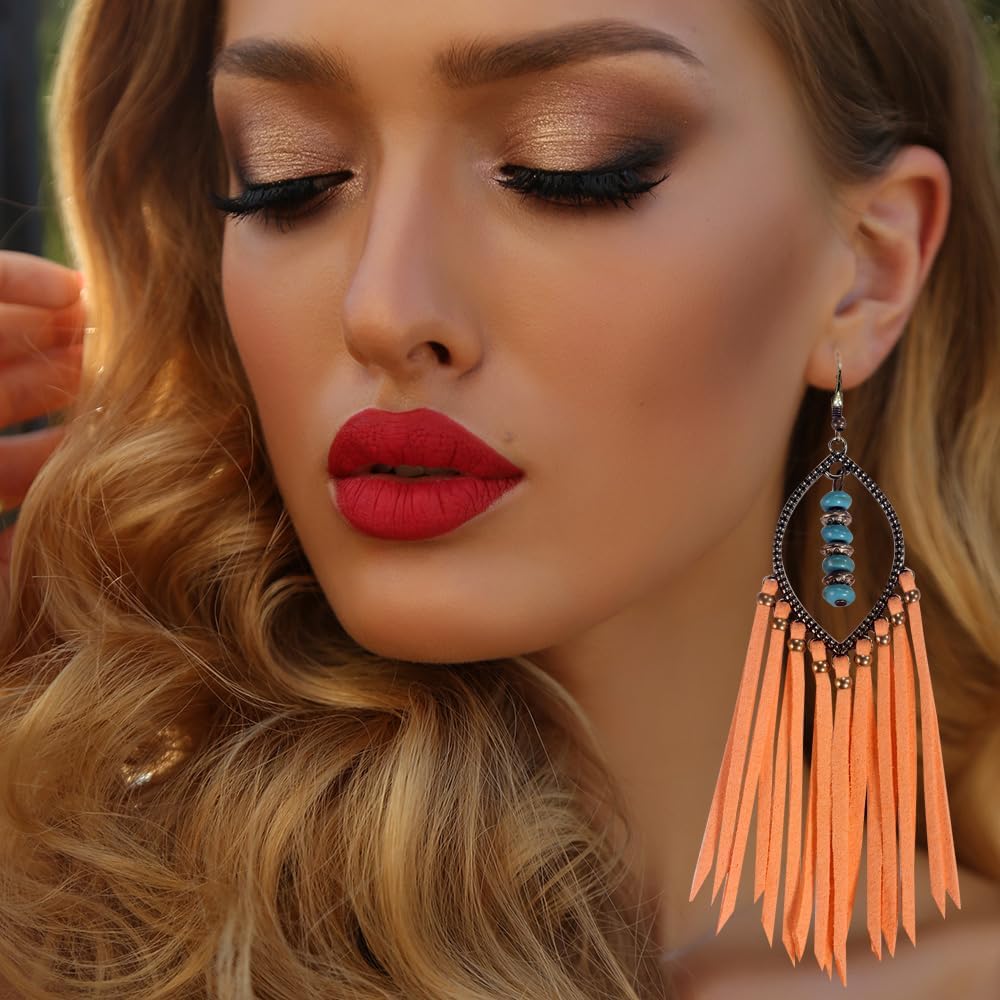 Long Bohemian Fringe Leather Earrrings Handmade Tassel Earrings with Turquoise Christmas Long Dangle Earrings for Women rodeo jewelry - Image 7