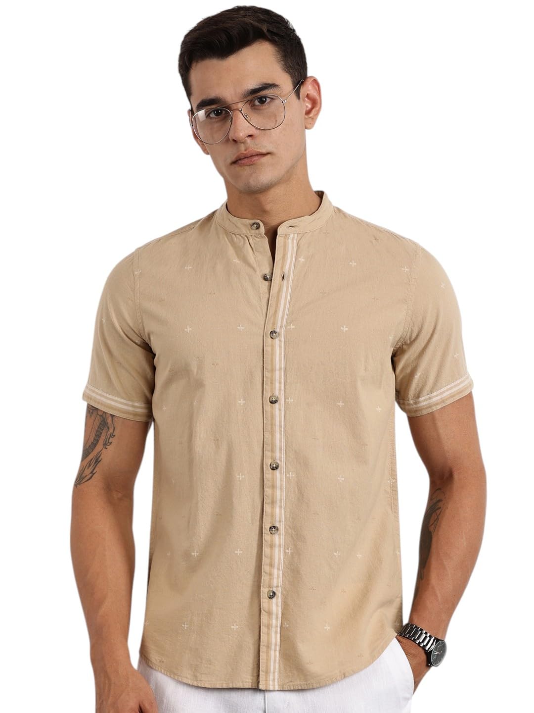 Thomas Scott Half Sleeve Self Printed Mandarin Collar Casual Shirts for Men
