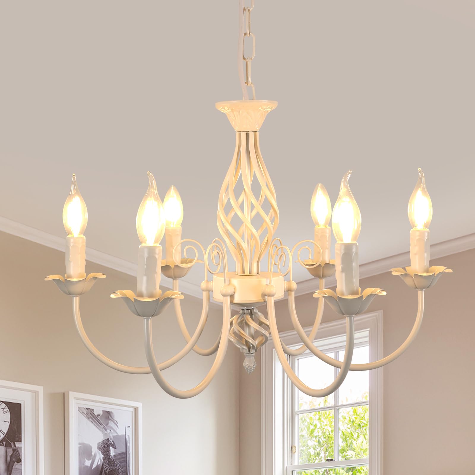 Comely Lampara Araña, Altura Regulable Bianco 6 Luces E14 Lampara Colgante | Lámpara de Techo Rusticas para Cocina, Comedor, Sala de Estar
