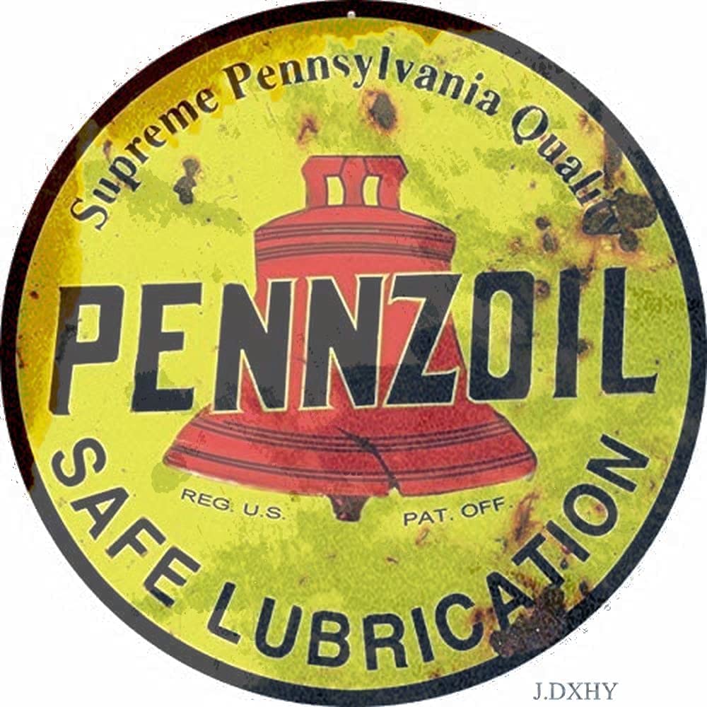 ELETINA Tin Poster Metal Sign Pennzoil Gas Station and Motor Oil Reproduction Aged Vintage Round Nostalgic Home Decor for Culb Bar Cafe 12x12 Inches Wall Plaque Retro Signs