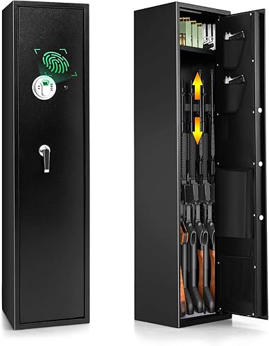 Goplus Caja fuerte para armas, caja fuerte biométrica para rifle de 5 pistolas con caja de bloqueo de munición, bolsillos para pistola, estantes