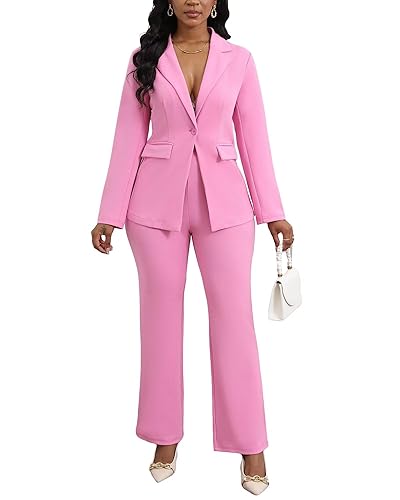 Womens 2 Piece Pant Suits Dressy Blazer Jacket Flare Pants